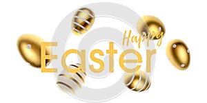 Happy Easter eggs white background. Golden shine decorated eggs falling in shape frame. For greeting card, promotion