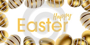 Happy Easter eggs white background. Golden shine decorated eggs falling in shape frame. For greeting card, promotion