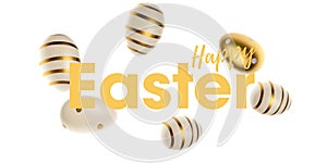 Happy Easter eggs white background. Golden shine decorated eggs falling in shape frame. For greeting card, promotion