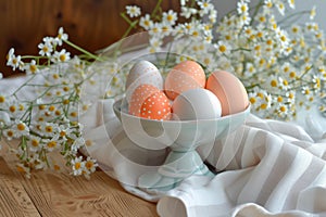 Happy easter eggshell mosaic Eggs Nutty Basket. White easter wisteria Bunny peach. holiday card background wallpaper