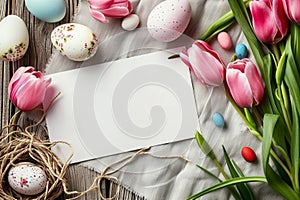 Happy easter eggstra special Eggs Easter table decor Basket. White decorative wreaths Bunny Candy hunt. Happy Easter background
