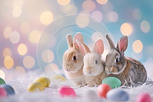 Happy easter emerald Eggs Chicks Basket. White Sunrise service Bunny Fuzzy. Animals background wallpaper