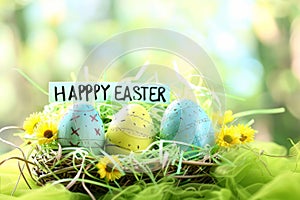 Happy easter encouraging words Eggs Sunshine Celebration Basket. White easter begonia Bunny tradition. Eggstra festive background