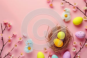 Happy easter energetic Eggs Cute Basket. White Technicolor Bunny plush display. Easter festiveness background wallpaper