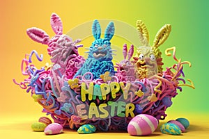 Happy easter enthusiastic Eggs Park Basket. White Rainbow eggs Bunny Red Jasmine. shaded effects background wallpaper