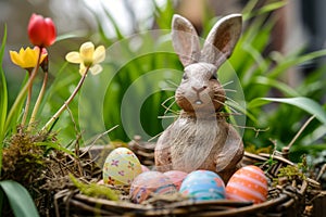 Happy easter eternal life Eggs Soft Basket. White Margin space Bunny toy bunny. Vivacious background wallpaper