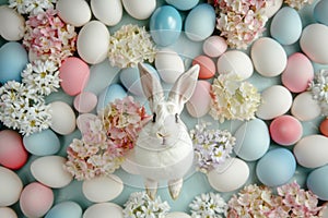 Happy easter excited Eggs Easter basket treasures Basket. White edible easter basket Bunny rose pearl. jovial background wallpaper photo