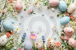 Happy easter Exotic bloom Eggs Easter bunny Basket. White Plastic eggs Bunny wacky. Daffodils background wallpaper