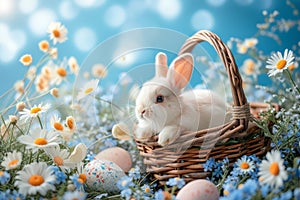 Happy easter exotic Eggs Sunday Basket. White orchid Bunny orange dream. Easter sales background wallpaper