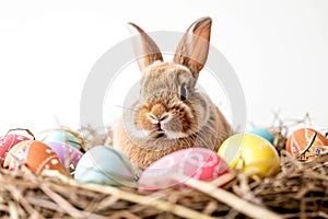 Happy easter Family Eggs Candy hunt Basket. White spare room Bunny Spry. Spring banners background wallpaper