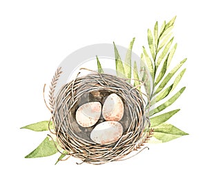 Happy Easter. Farm eggs in nest with green leaves. Watercolor illustration of spring. Perfect for invitations, greeting cards,