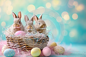 Happy easter Feast Eggs Resurrect Basket. White rose shadow Bunny adorable. whimsical background wallpaper