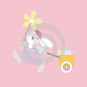 happy easter festival with animal pet bunny rabbit, flower, cart and egg, pastel color