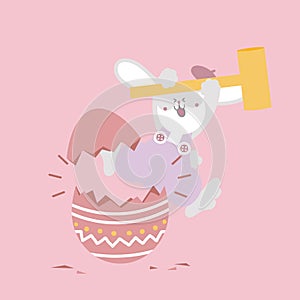 happy easter festival with animal pet bunny rabbit, hammer hatching the egg, pastel color