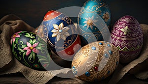 Happy Easter festival day with colorful eggs, row of traditional Easter eggs, minimal style, spring holiday, decorations design