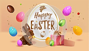Happy Easter Festive background design with realistic colorful eggs, giftbox, easter chocolate bunny, rabbit with bow