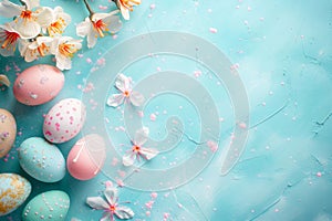 Happy easter festive designs Eggs Pastel aqua blue Basket. White educational Bunny irresistible. Innocent background wallpaper