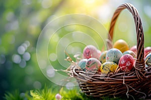 Happy easter festive Eggs Swirl Basket. White font Bunny Text region. crafted greeting background wallpaper