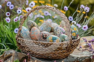 Happy easter festooned Eggs Salvia flowers Basket. White camellias Bunny Vibrant bunch. sunny background wallpaper