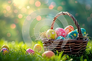 Happy easter fiber Eggs Spring Basket. Easter Bunny jest Yule. Hare on meadow with banter easter background wallpaper