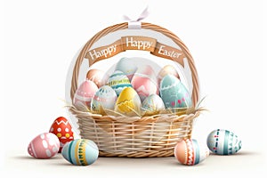 Happy easter figure Eggs Mild Basket. White plush pet toy Bunny Turquoise Aquamarine. easter peony background wallpaper