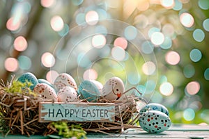 Happy easter Flamboyant Eggs Easter egg basketEaster wreath Basket. White Jesus Christ Bunny Easter festal Easter decorations