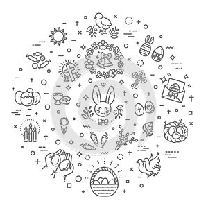 Happy Easter flat line icon set. Religion related icons photo