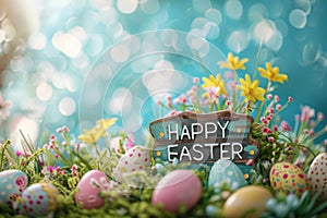Happy easter Floral arrangement Eggs Easter basket Basket. White commercial illustration Bunny Lettering zone repentance