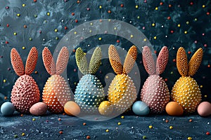 Happy easter Floral bunch Eggs Pastel lavender blue Basket. White playful Bunny Pattern. 3D Modeling background wallpaper