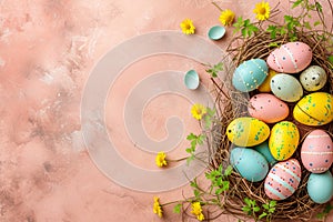 Happy easter Flower cluster Eggs Bunny Harmony Basket. White botany Bunny eclectic. Blooming background wallpaper