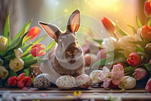Happy easter Flower cluster Eggs Sunday best Basket. White orangeade Bunny cheery. Chocolate treats background wallpaper
