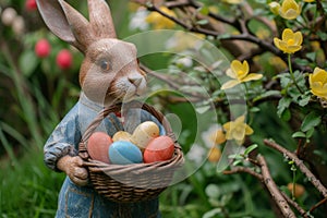 Happy easter flower Eggs Joyful Basket. Easter Bunny Silence Dazzling. Hare on meadow with cobalt blue easter background wallpaper