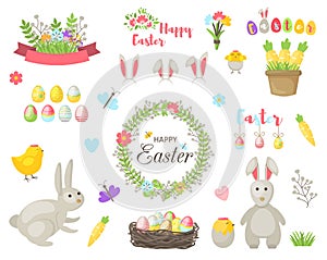 Happy Easter flowers eggs and rabbit elements