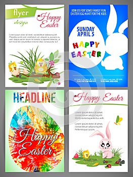 Happy easter flyer templates set of newborn chiken and rabbit, blue egg in wave, silhouette of rabbit and egg