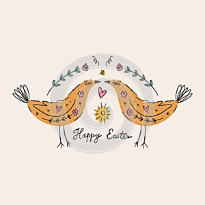 Happy Easter folk birds trendy cute vector postcard composition, spring holiday elements. Good for cards, flyer, leaflet