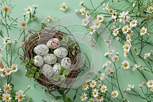 Happy easter Folk Tale Eggs Family time Basket. White amusing Bunny planters. Easter festoonery background wallpaper