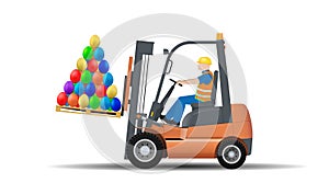 Happy Easter. A forklift driver is carrying a tray of colorful Easter eggs for the holiday.