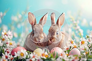 Happy easter Fragrance Eggs Serene Basket. White flower Bunny Easter drama. literary space background wallpaper