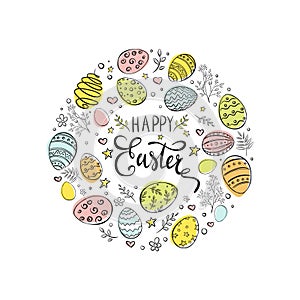 Happy Easter Frame. Hand drawn Easter eggs circle composition for banner, print, background, invitation and greeting