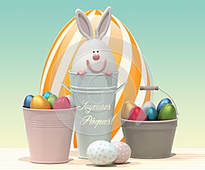 Easter greeting, easter eggs and bunny on beige background