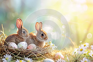 Happy easter fresh air Eggs Salvia flowers Basket. White mint chip green Bunny card. irises background wallpaper