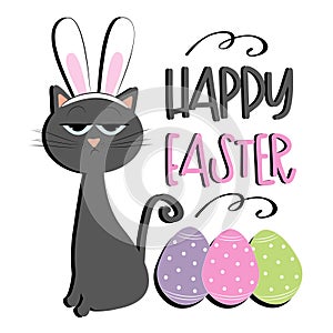 Happy Easter- funny angry cat in bunny ears, with eggs.
