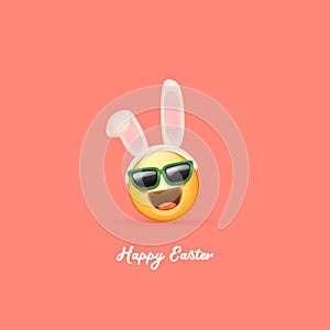 Happy easter funny banner with cartoon 3d smile face with rabbit ears and sunglasses isolated on pink background. Vector