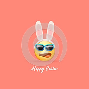 Happy easter funny banner with cartoon 3d smile face with rabbit ears and sunglasses isolated on pink background. Vector