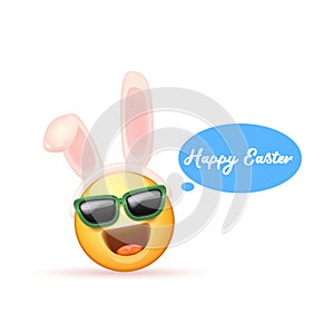 Happy easter funny banner with cartoon 3d smile face with rabbit ears and sunglasses isolated on white background