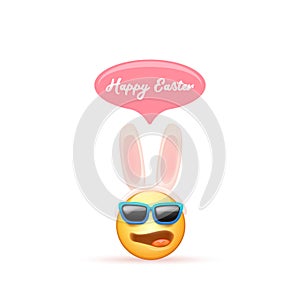 Happy easter funny banner with cartoon 3d smile face with rabbit ears and sunglasses isolated on white background