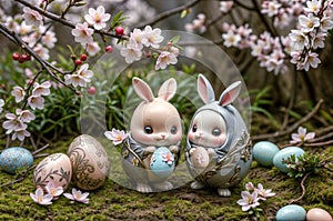 Happy Easter, funny bunnies with Easter eggs in a magical forest, cartoon style illustration