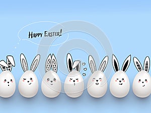 Happy Easter funny cute rabbits with easter eggs on light blue background