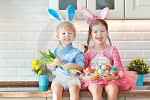 Happy easter! funny funny children l with ears hare getting rea