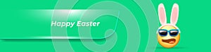 Happy Easter funny horizontal banner with cartoon 3d smile face with rabbit ears and sunglasses isolated on green